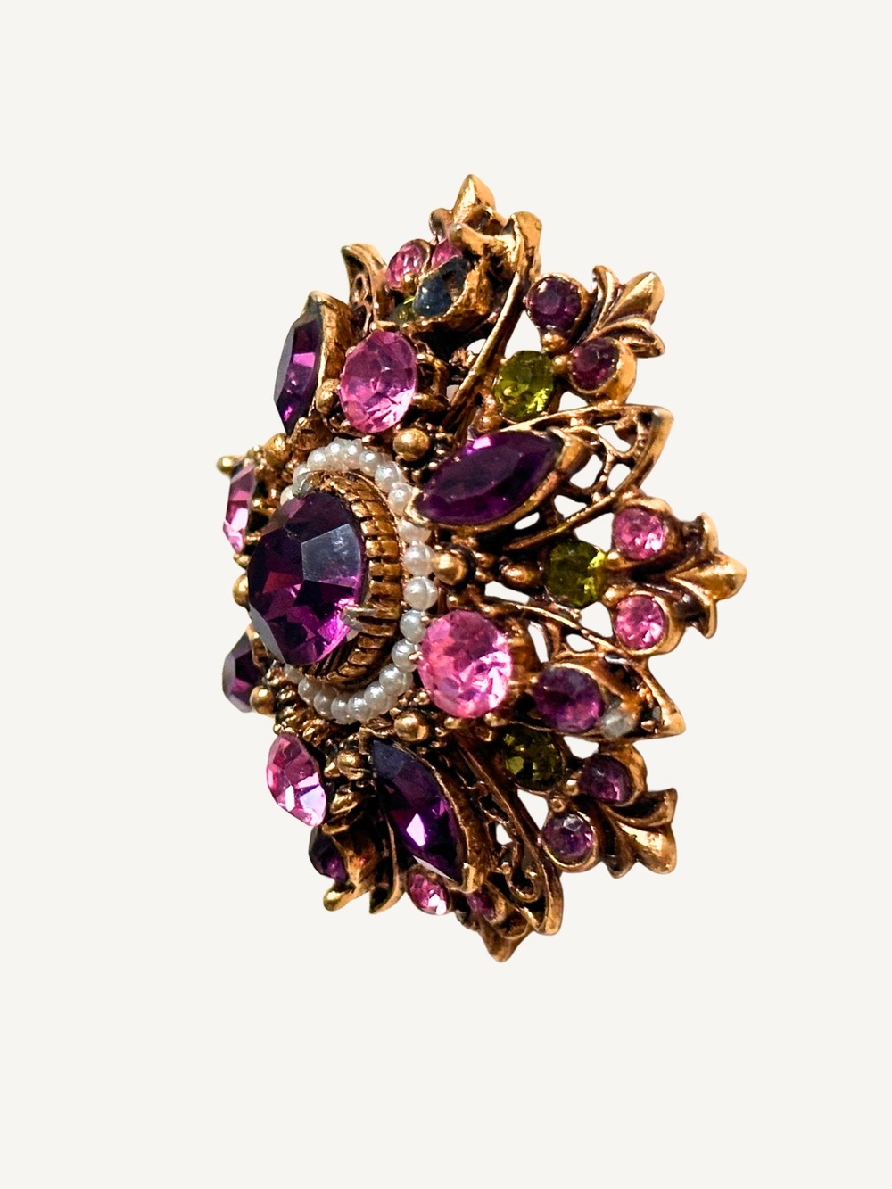 Vintage Florenza Brooch Amethyst Purple Pink Olivine Rhinestone Pearl - Picture 3 of 7